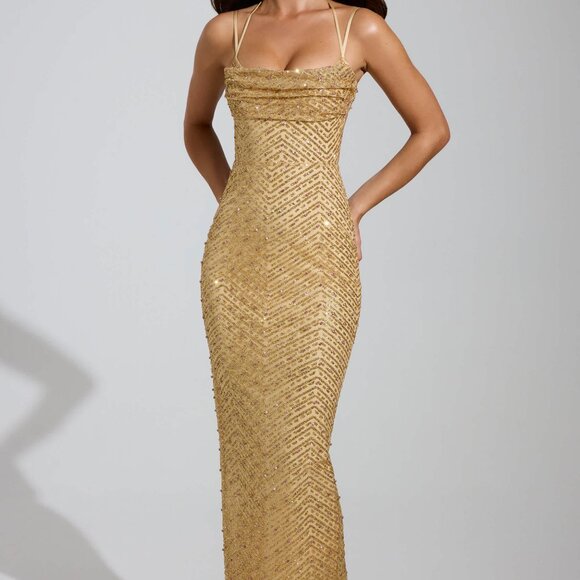 OhPolly Constance Embellished Cowl-Neck Maxi Dress in Gold, 6 - Picture 5 of 5
